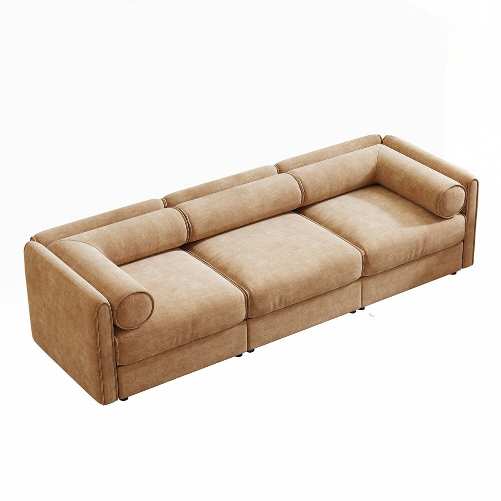 Divano in ciniglia con schienale e braccioli cilindrici e seduta contenitore