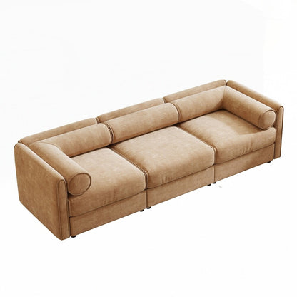 Divano in ciniglia con schienale e braccioli cilindrici e seduta contenitore