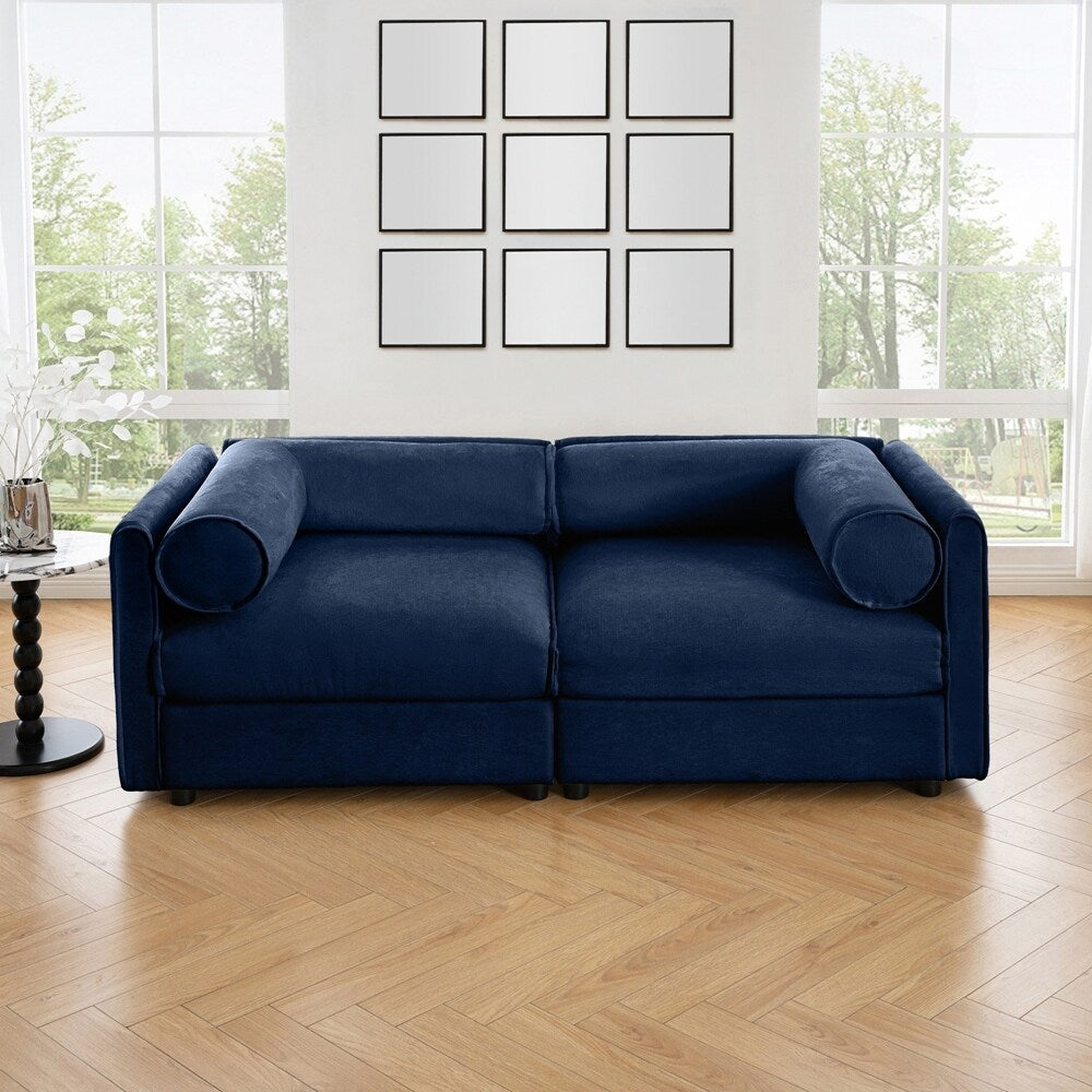 Divano in ciniglia con schienale e braccioli cilindrici e seduta contenitore