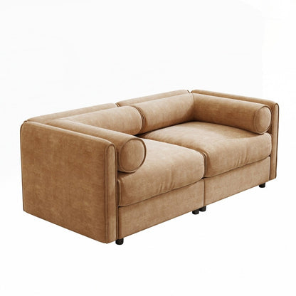 Divano in ciniglia con schienale e braccioli cilindrici e seduta contenitore