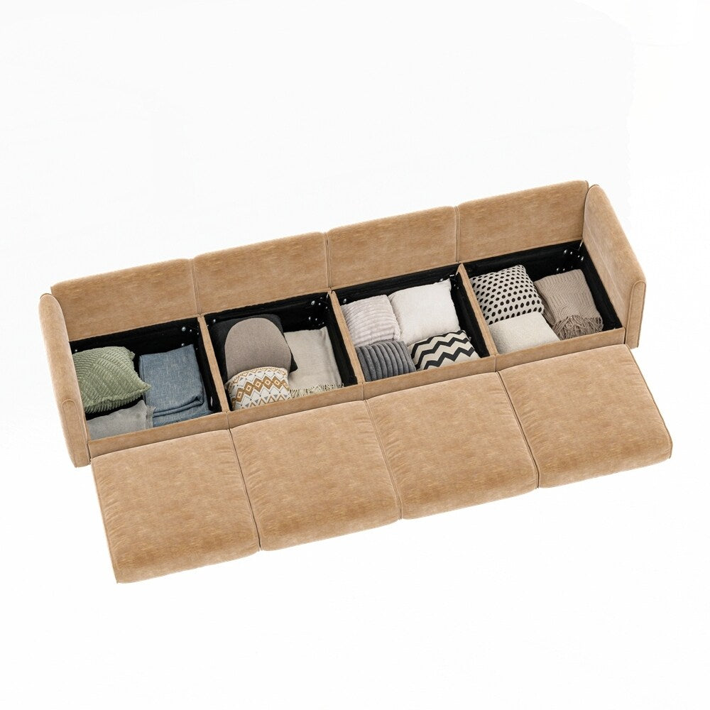 Divano in ciniglia con schienale e braccioli cilindrici e seduta contenitore