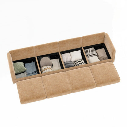 Divano in ciniglia con schienale e braccioli cilindrici e seduta contenitore