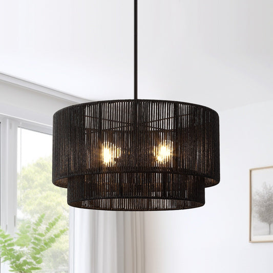 Lampadario Cynthia a tamburo in rattan nero a 4 luci - 22''W