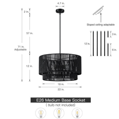 Lampadario Cynthia a tamburo in rattan nero a 4 luci - 22''W