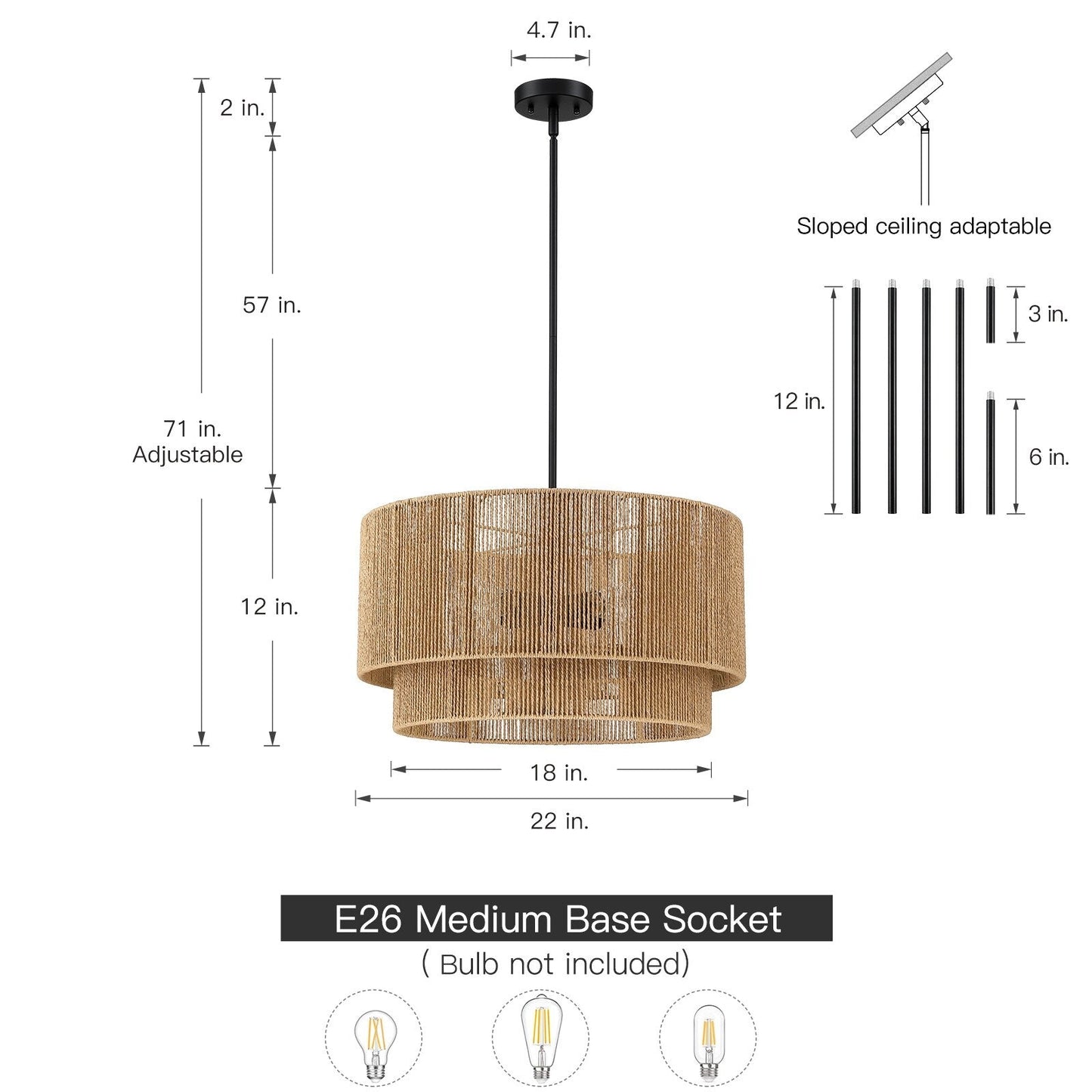 Lampadario Cynthia a tamburo in rattan naturale a 4 luci - 22''W