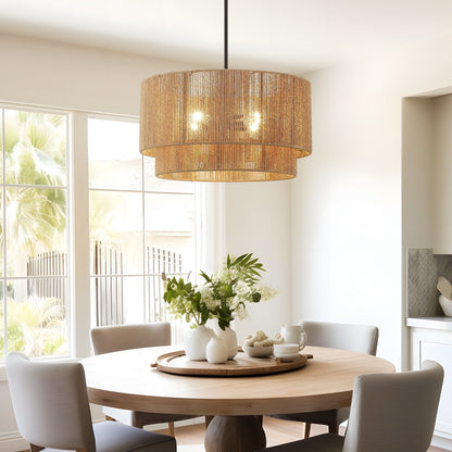 Lampadario Cynthia a tamburo in rattan naturale a 4 luci - 22''W