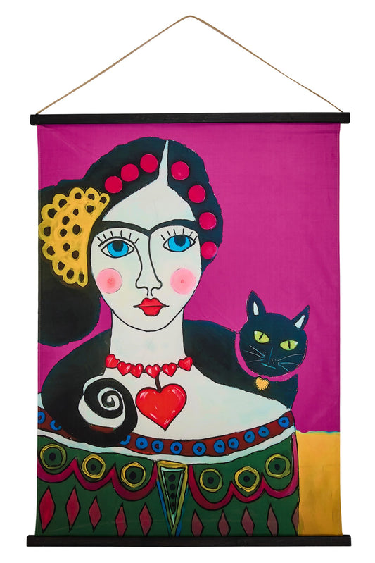 Besito - Tela Stampa Donna Con Gatto Nero 90X120