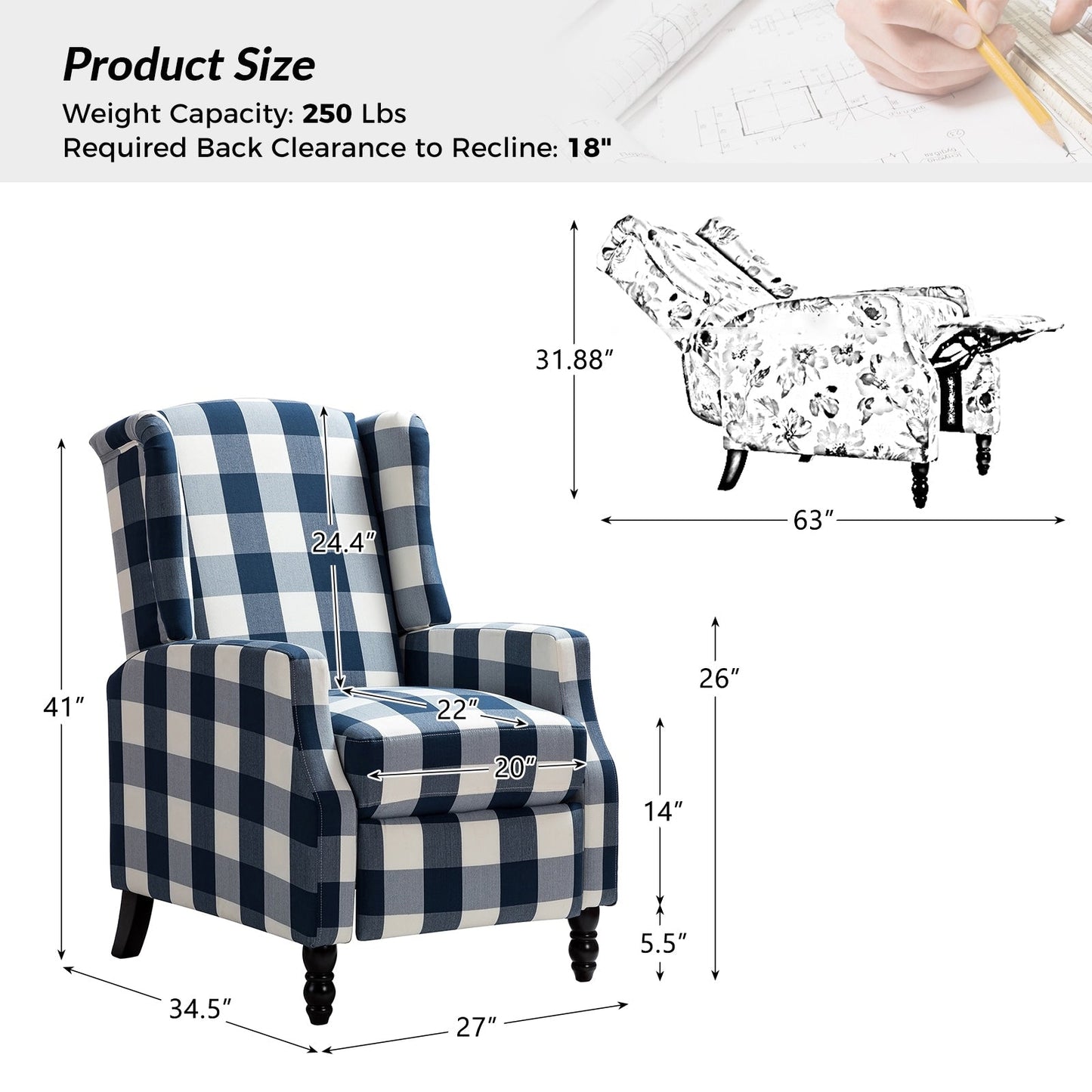 Poltrona reclinabile manuale Damaris Mid-Century Modern con schienale alto, set da 2 di HULALA HOME