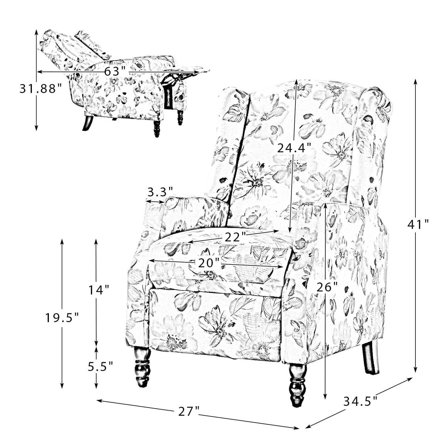 Poltrona reclinabile manuale Damaris Mid-Century Modern con schienale alto, set da 2 di HULALA HOME