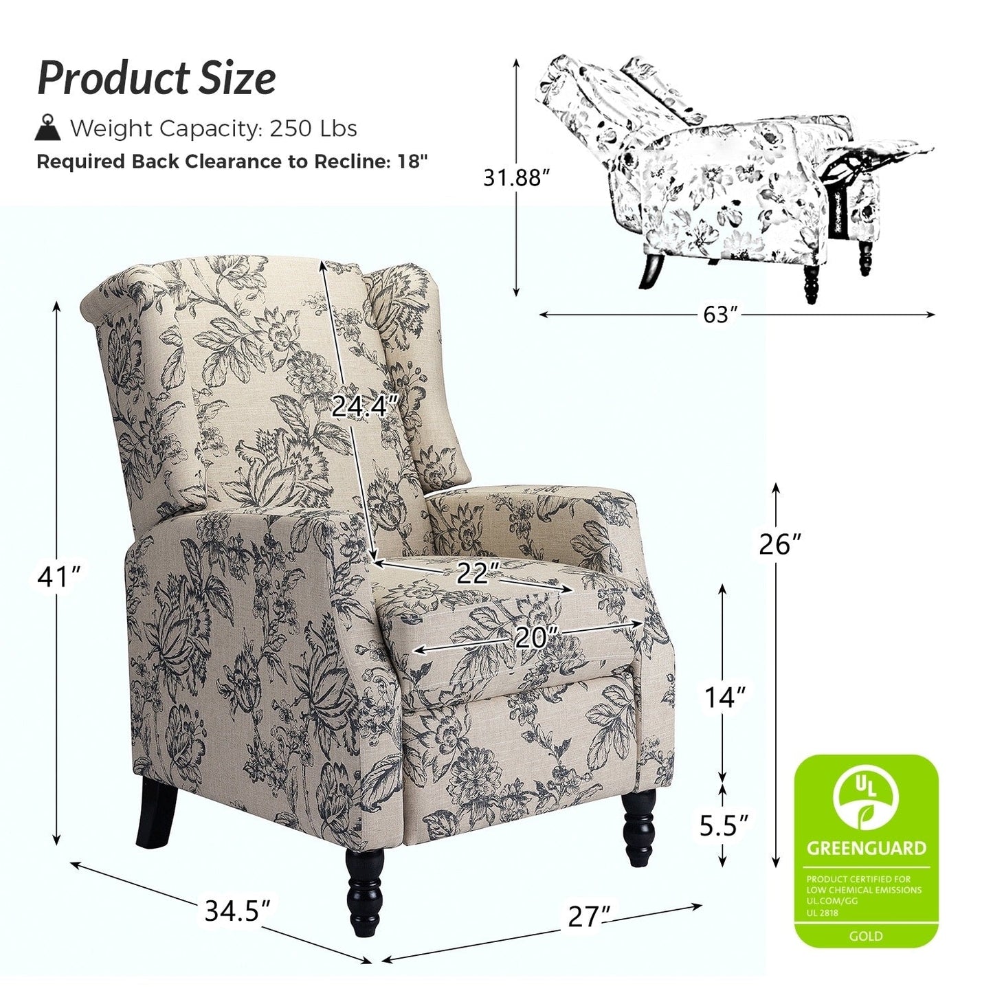 Poltrona reclinabile manuale Damaris Mid-Century Modern con schienale alto, set da 2 di HULALA HOME