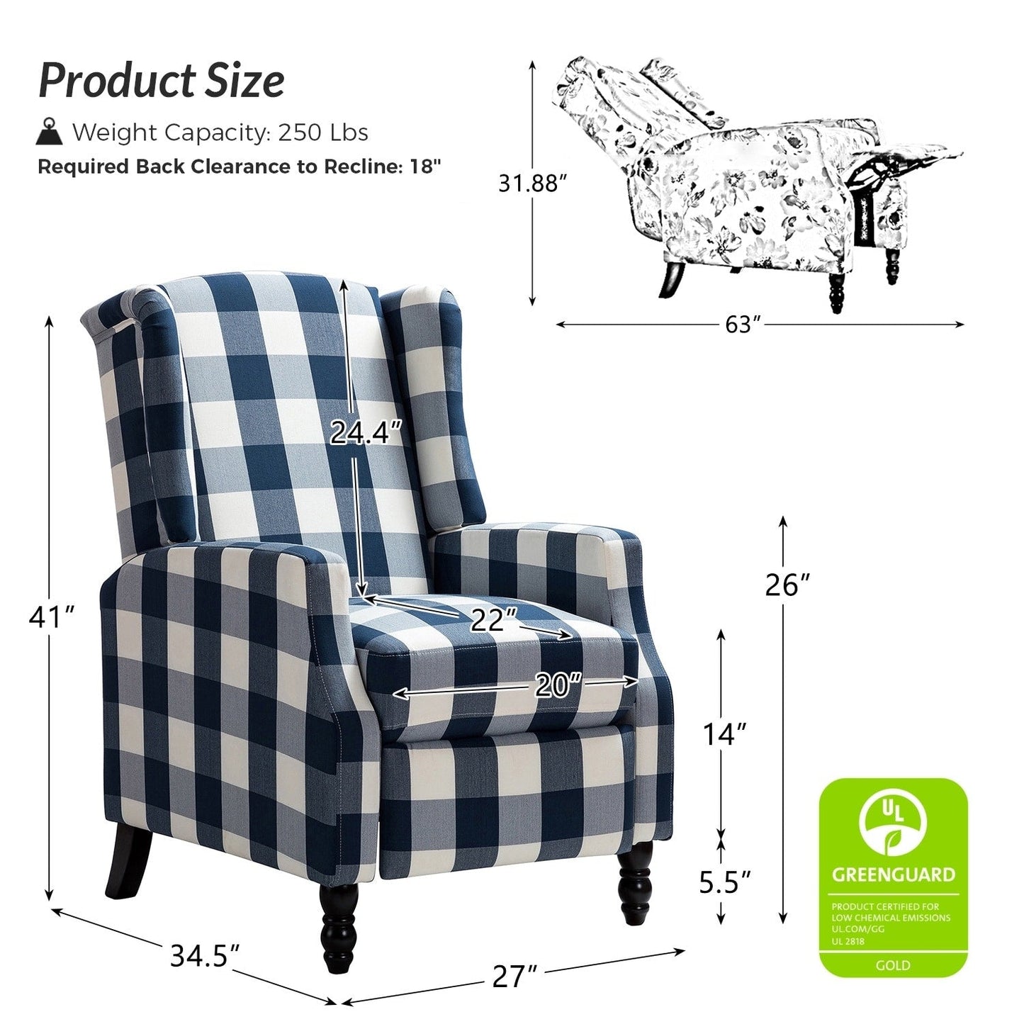 Poltrona reclinabile manuale Damaris Mid-Century Modern con schienale alto, set da 2 di HULALA HOME