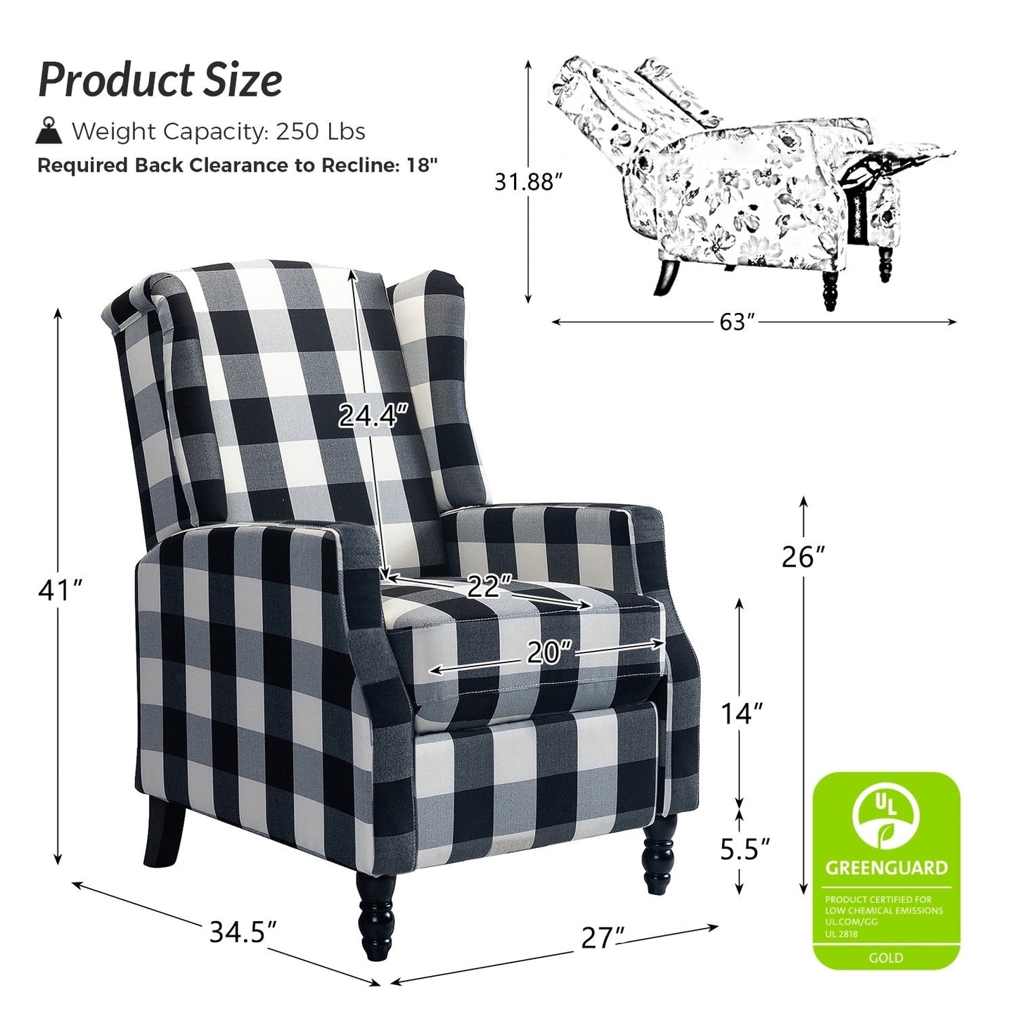 Poltrona reclinabile manuale Damaris Mid-Century Modern con schienale ad ala, design di HULALA HOME