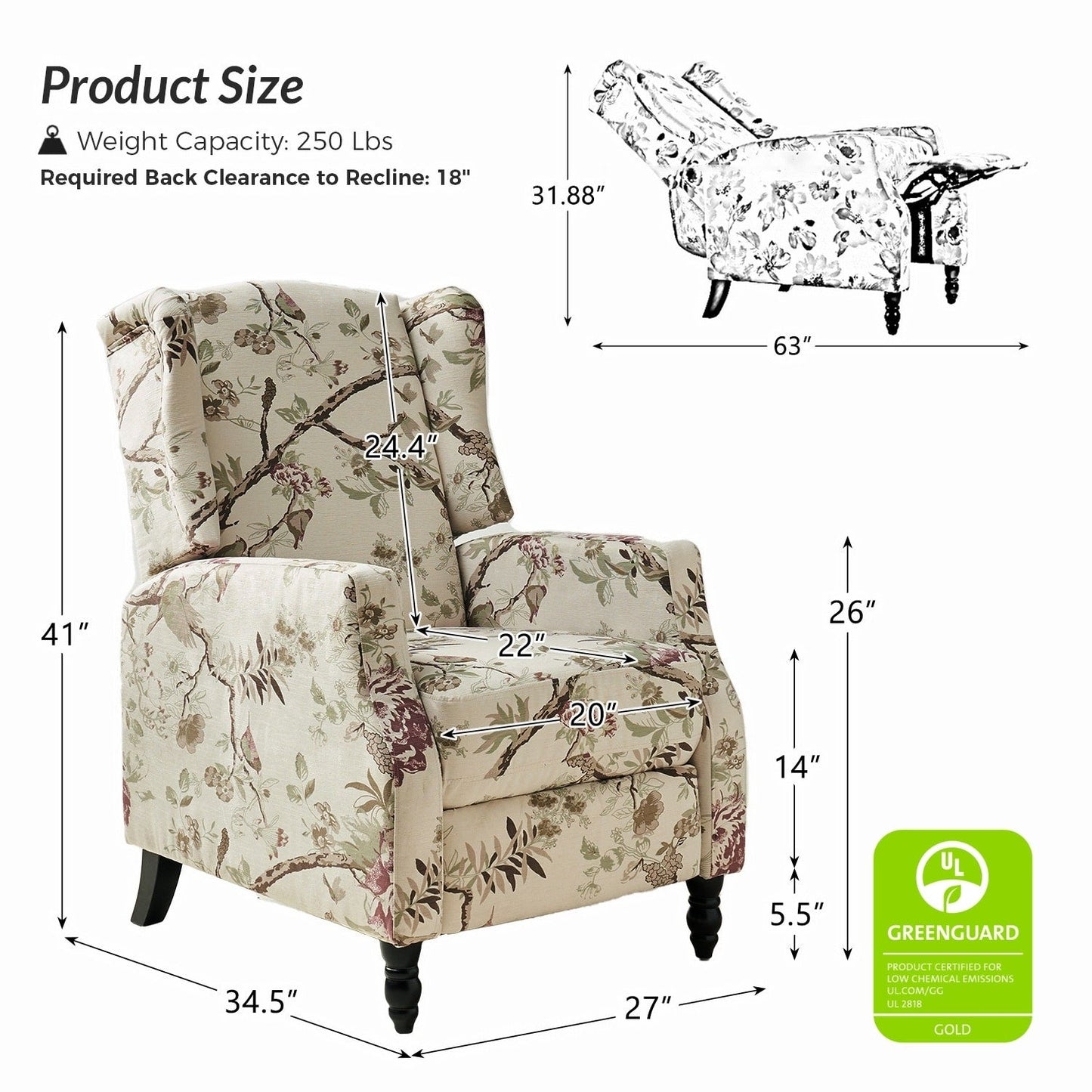 Poltrona reclinabile manuale Damaris Mid-Century Modern con schienale ad ala, design di HULALA HOME