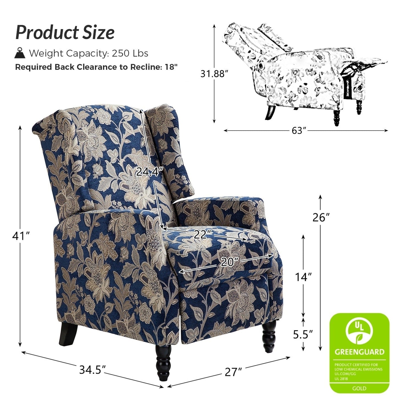 Poltrona reclinabile manuale Damaris Mid-Century Modern con schienale ad ala, design di HULALA HOME