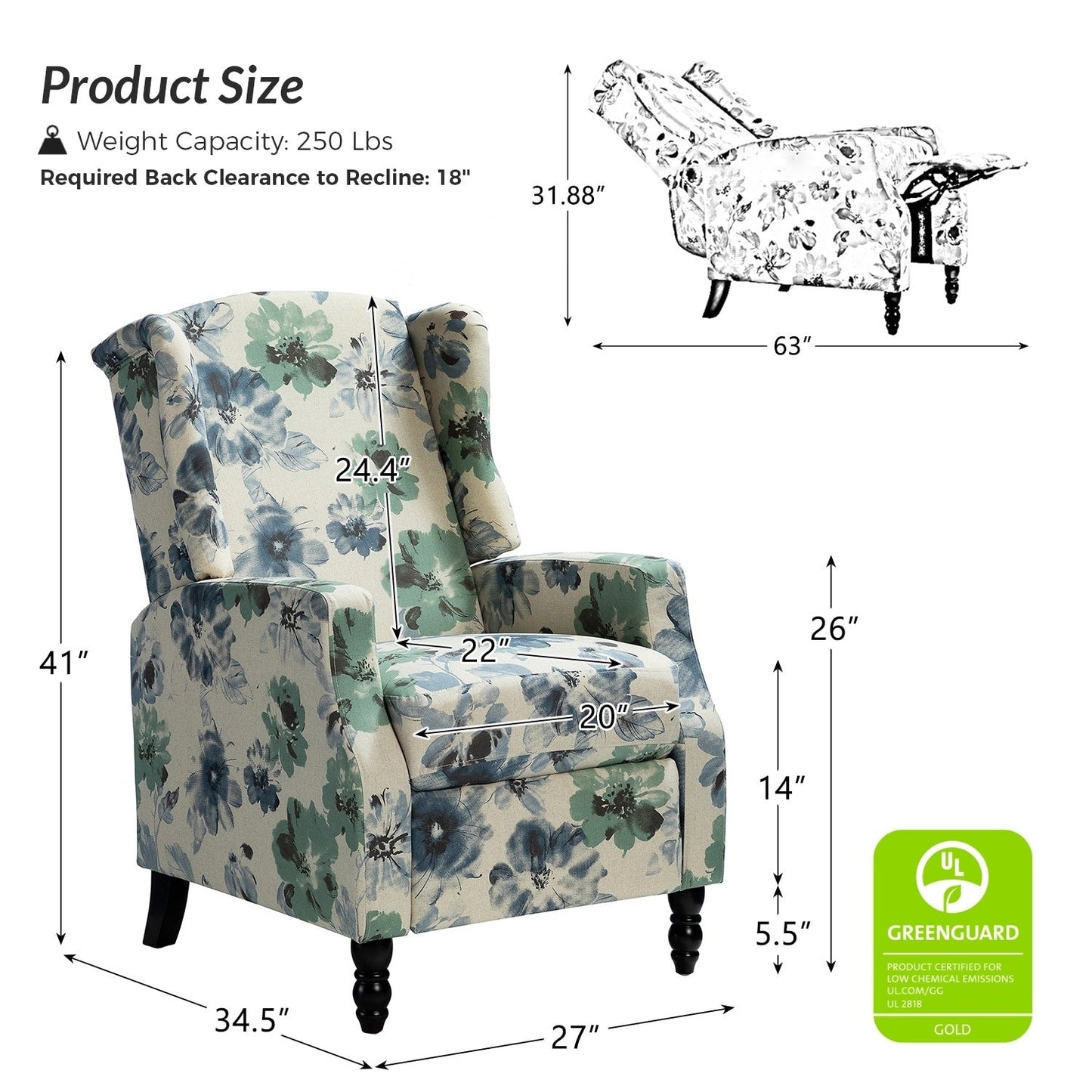 Poltrona reclinabile manuale Damaris Mid-Century Modern con schienale ad ala, design di HULALA HOME