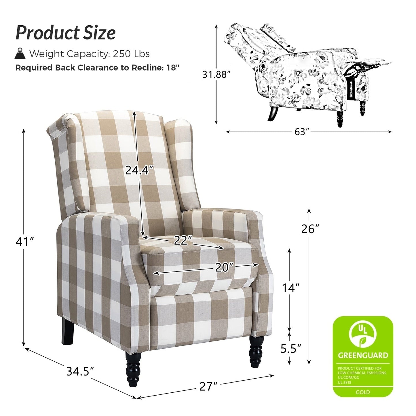 Poltrona reclinabile manuale Damaris Mid-Century Modern con schienale ad ala, design di HULALA HOME