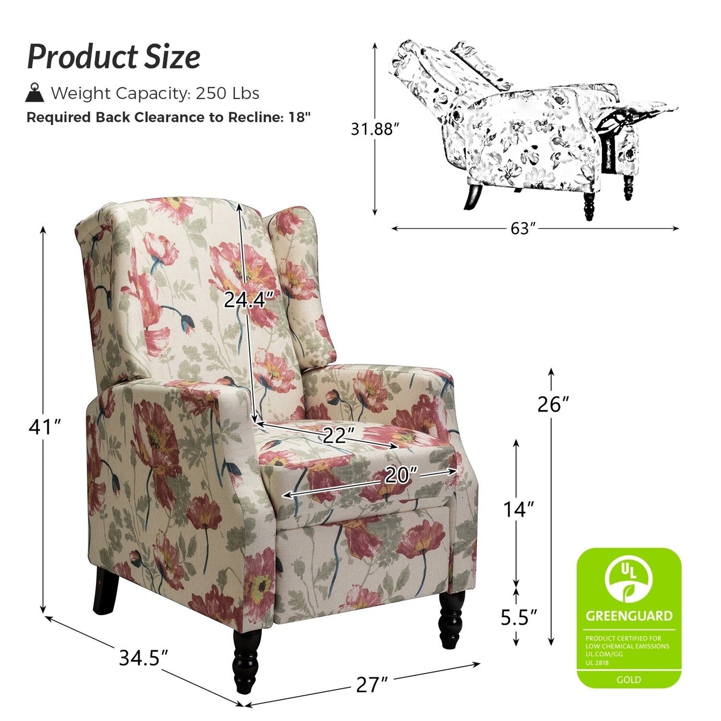 Poltrona reclinabile manuale Damaris Mid-Century Modern con schienale ad ala, design di HULALA HOME