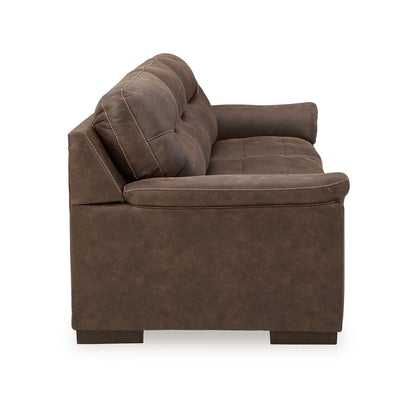 Divano Danie, braccioli svasati con cuscino superiore, in similpelle marrone trapuntata, 96 pollici