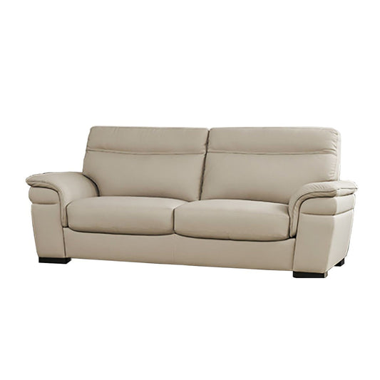 Divano Danny, pelle italiana grigio chiaro, cuscini in schiuma, gambe in legno, 85 pollici