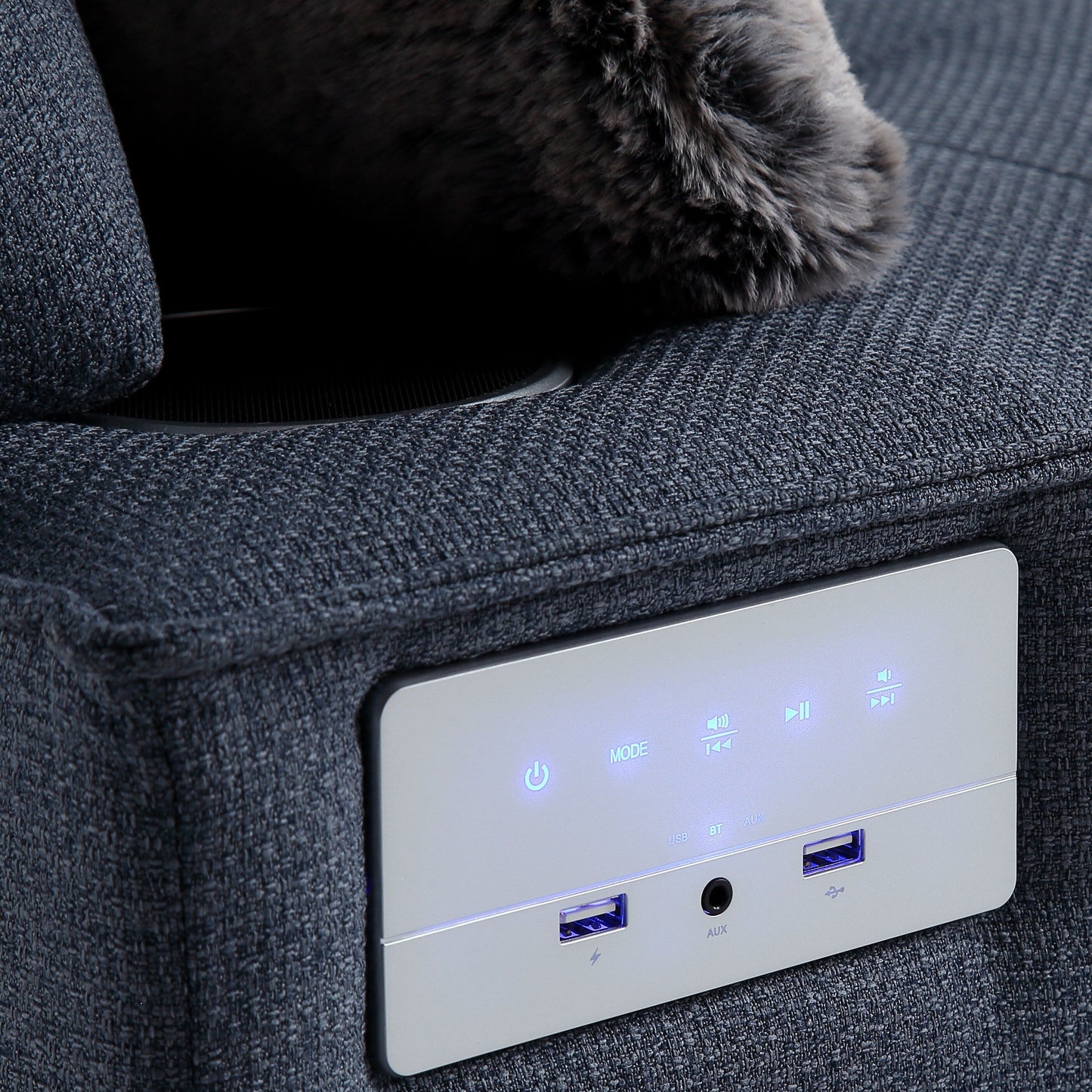 Divano letto con altoparlante Bluetooth in tessuto impermeabile 3 in 1, moderno blu scuro, 70,86 cm, con 2 porte USB e supporto per telefono