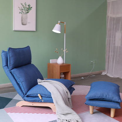 Poltrona reclinabile manuale senza braccioli imbottita blu scuro con poggiatesta e schienale regolabili, reclinabile a 180°