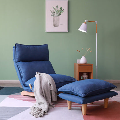 Poltrona reclinabile manuale senza braccioli imbottita blu scuro con poggiatesta e schienale regolabili, reclinabile a 180°