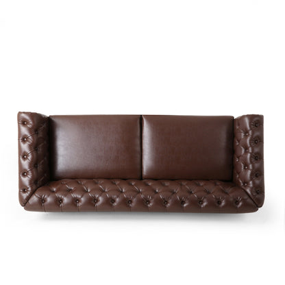 Divano Chesterfield 78.75 in similpelle marrone scuro a 3 posti con gambe in legno e borchie per soggiorno