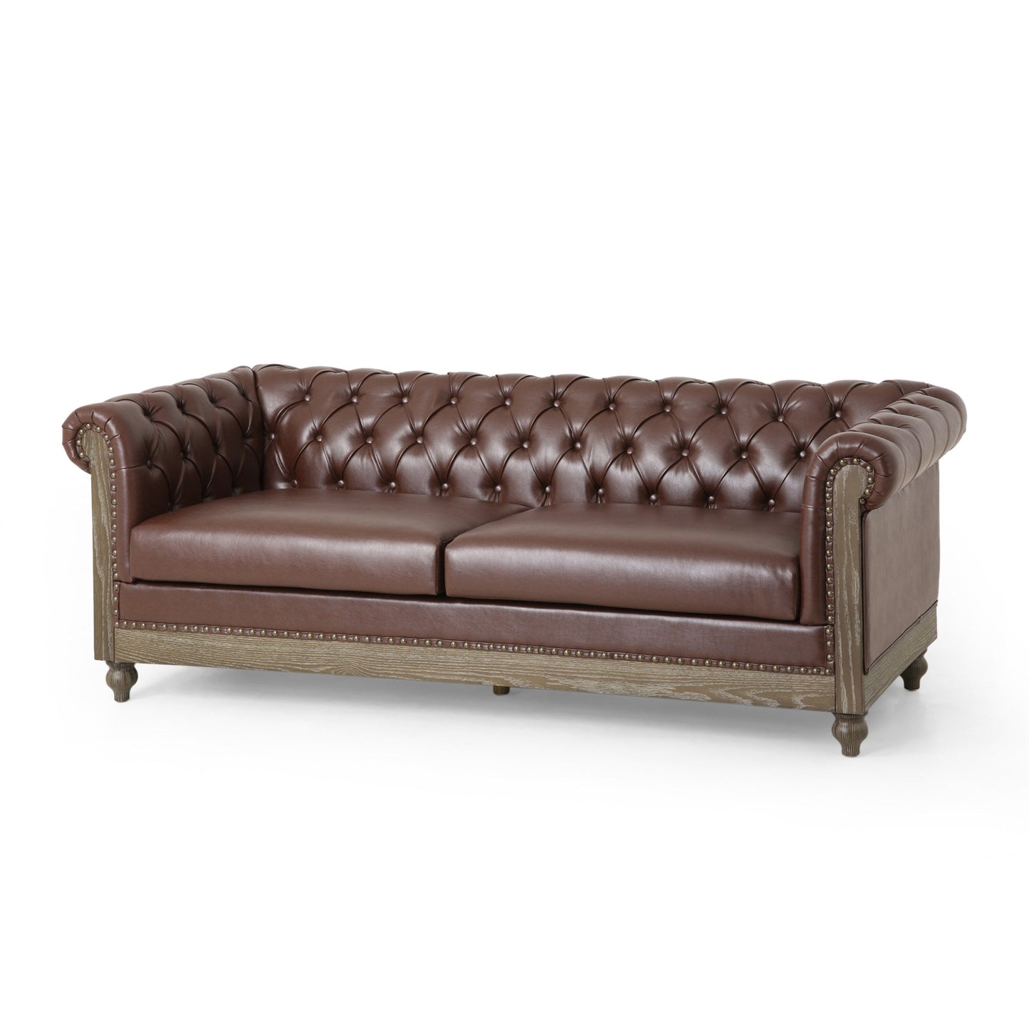 Divano Chesterfield a 3 posti in similpelle marrone scuro con borchie