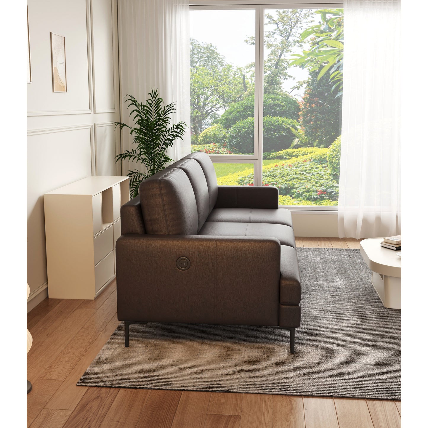 Divano a 3 posti in vera pelle marrone scuro di lusso 77 con caricabatterie USB per soggiorno