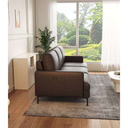 Divano a 3 posti in vera pelle marrone scuro di lusso 77 con caricabatterie USB per soggiorno