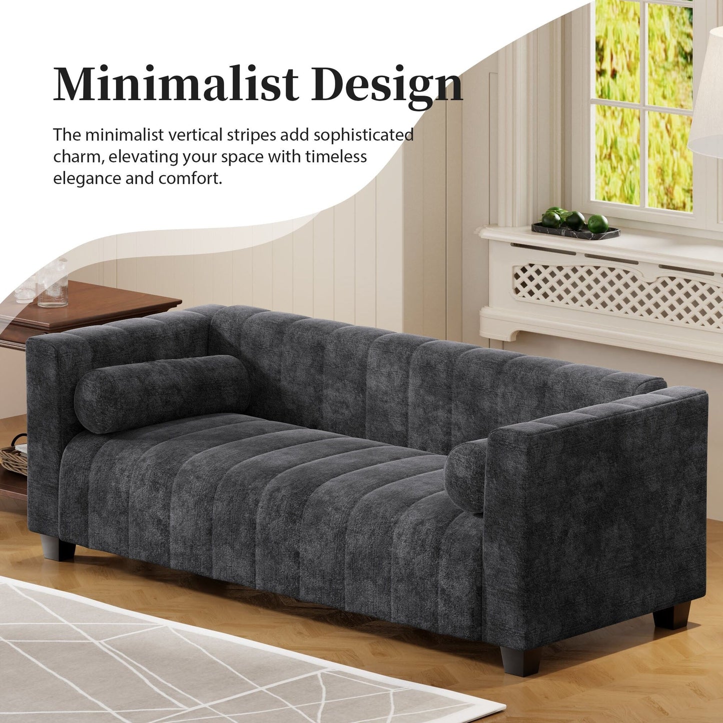 Divano a 3 posti imbottito in ciniglia grigio scuro con gambe in plastica