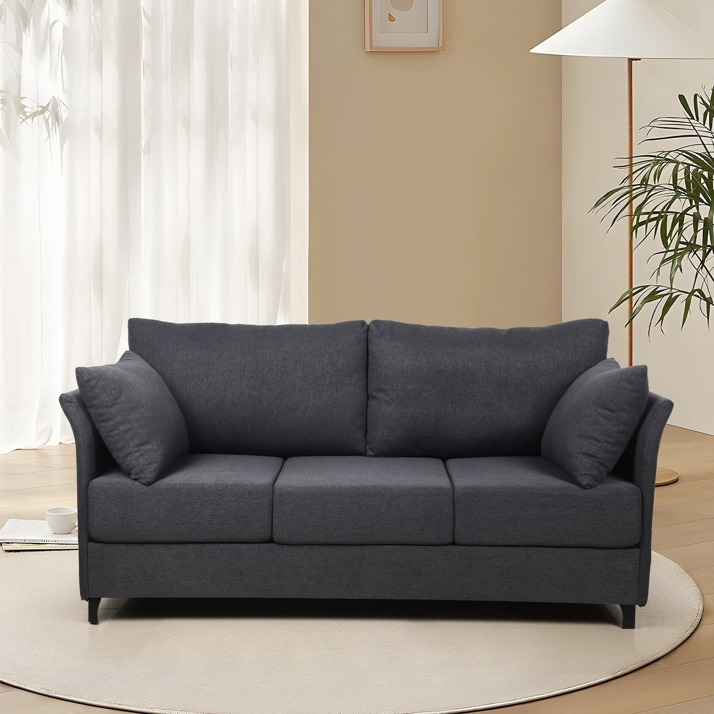 Divano staccabile a 3 posti in lino grigio scuro con struttura in metallo