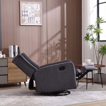 Poltrona reclinabile manuale girevole a 360° in lino grigio scuro con schienale imbottito con bottoni e poggiapiedi per soggiorno e camera da letto