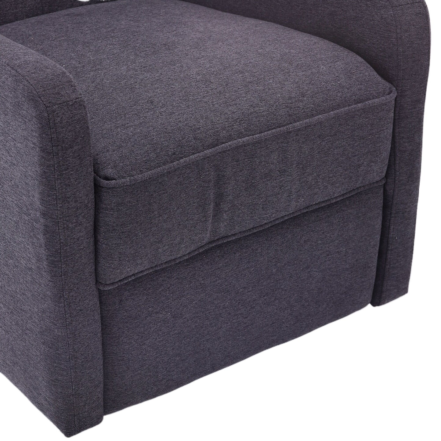 Poltrona reclinabile manuale girevole a 360° in lino grigio scuro con schienale imbottito con bottoni e poggiapiedi per soggiorno e camera da letto