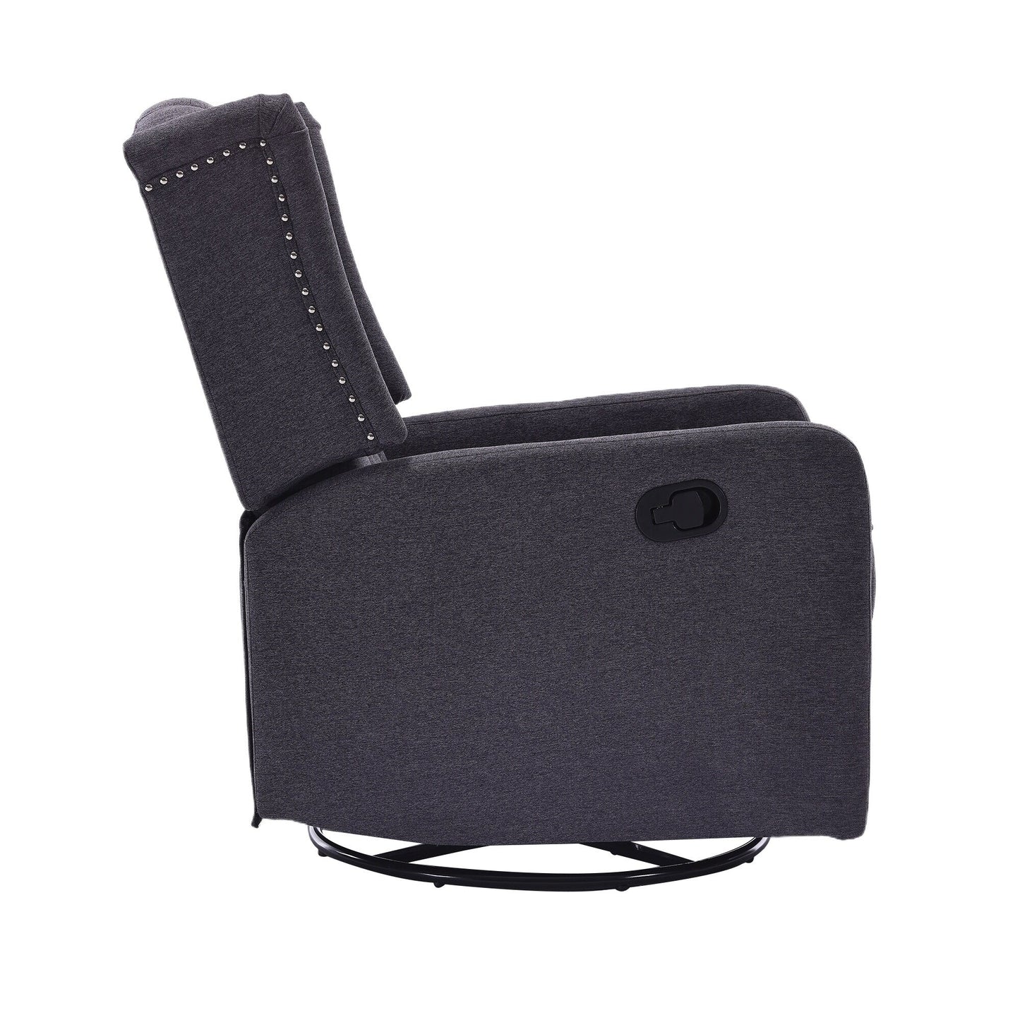 Poltrona reclinabile manuale girevole a 360° in lino grigio scuro con schienale imbottito con bottoni e poggiapiedi per soggiorno e camera da letto