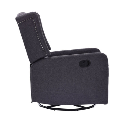 Poltrona reclinabile manuale girevole a 360° in lino grigio scuro con schienale imbottito con bottoni e poggiapiedi per soggiorno e camera da letto