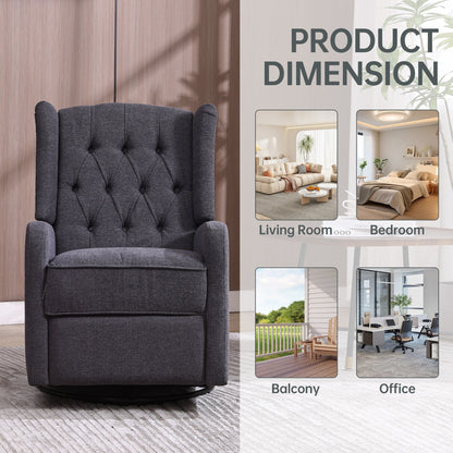 Poltrona reclinabile manuale girevole a 360° in lino grigio scuro con schienale imbottito con bottoni e poggiapiedi per soggiorno e camera da letto