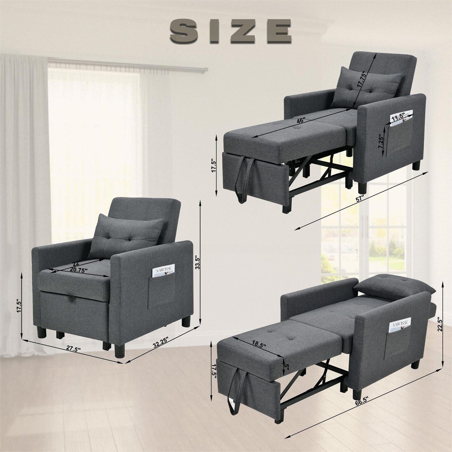 Divano letto singolo convertibile 3 in 1 moderno grigio scuro da 27,5 pollici con schienale regolabile e cuscino per soggiorno