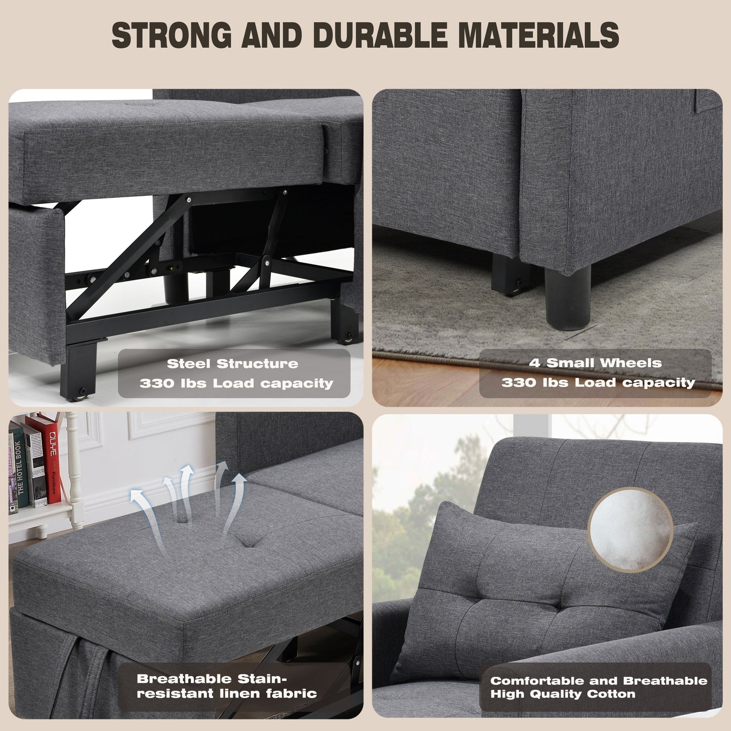 Divano letto singolo convertibile 3 in 1 moderno grigio scuro da 27,5 pollici con schienale regolabile e cuscino per soggiorno
