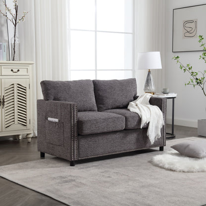 Divano a due posti moderno grigio scuro 52.36 imbottito in ciniglia con tasca e borchie per soggiorno