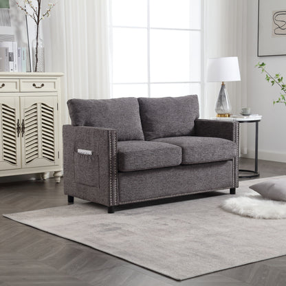 Divano a due posti moderno grigio scuro 52.36 imbottito in ciniglia con tasca e borchie per soggiorno