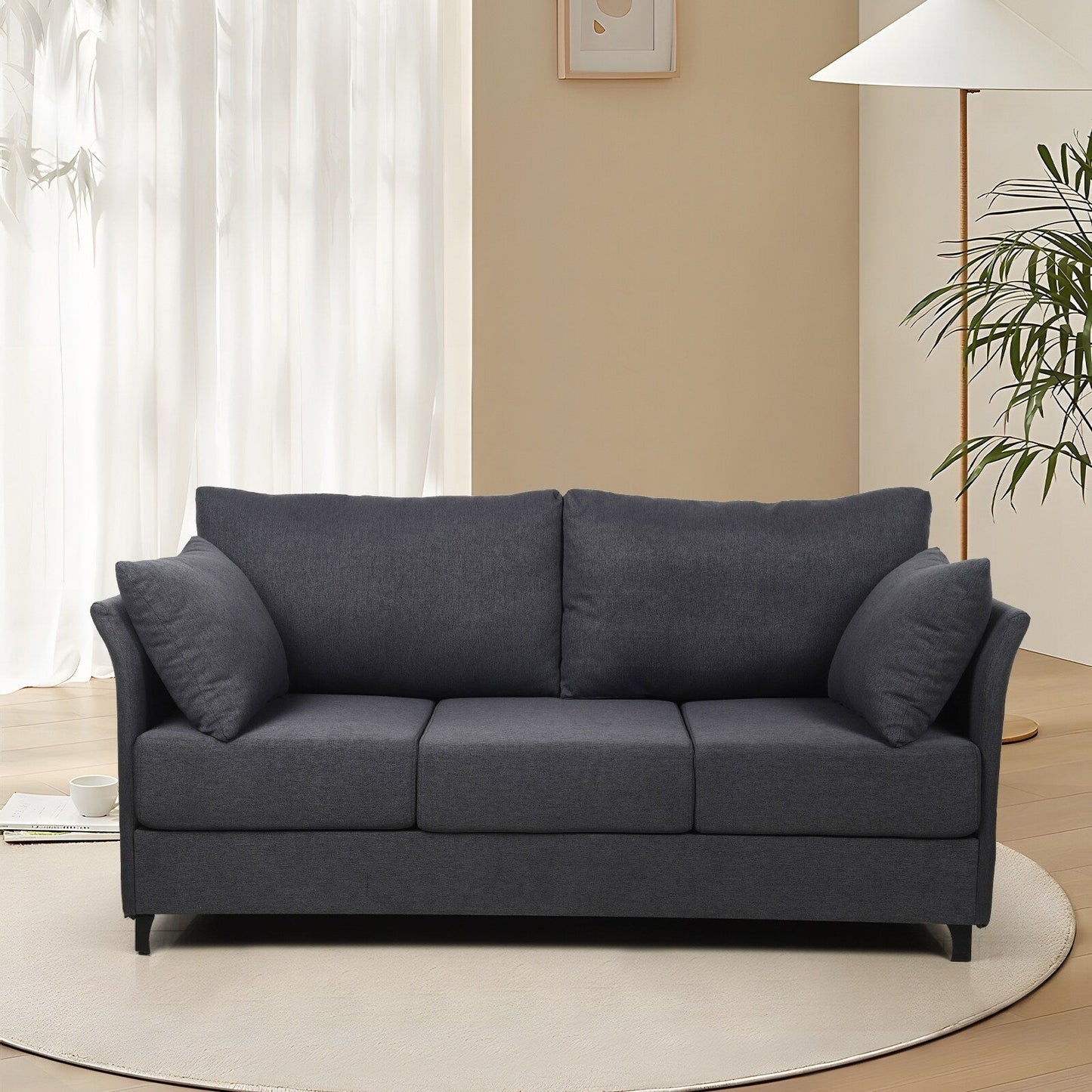 Divano staccabile a 3 posti in lino grigio scuro moderno 65,55 con struttura in metallo e cuscini per soggiorno