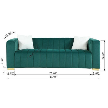 Divano Chesterfield 87.01 in velluto verde scuro con trapuntatura a canale, a 3 posti, con cuscini per soggiorno