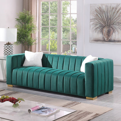 Divano Chesterfield 87.01 in velluto verde scuro con trapuntatura a canale, a 3 posti, con cuscini per soggiorno