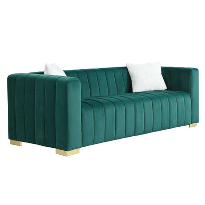 Divano Chesterfield 87.01 in velluto verde scuro con trapuntatura a canale, a 3 posti, con cuscini per soggiorno