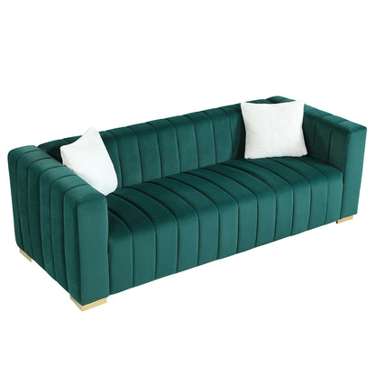 Divano Chesterfield 87.01 in velluto verde scuro con trapuntatura a canale, a 3 posti, con cuscini per soggiorno