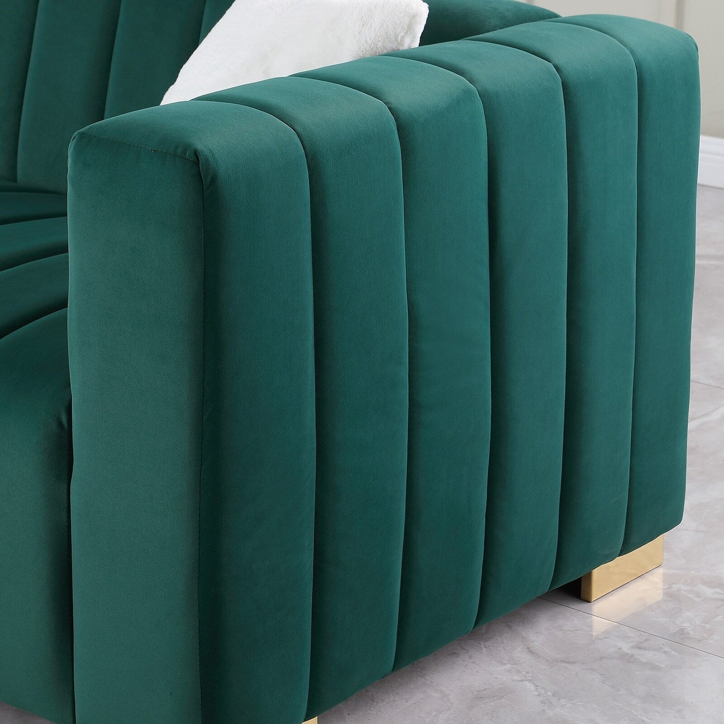 Divano Chesterfield 87.01 in velluto verde scuro con trapuntatura a canale, a 3 posti, con cuscini per soggiorno