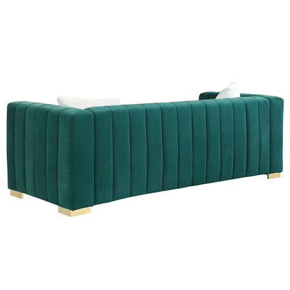 Divano Chesterfield 87.01 in velluto verde scuro con trapuntatura a canale, a 3 posti, con cuscini per soggiorno