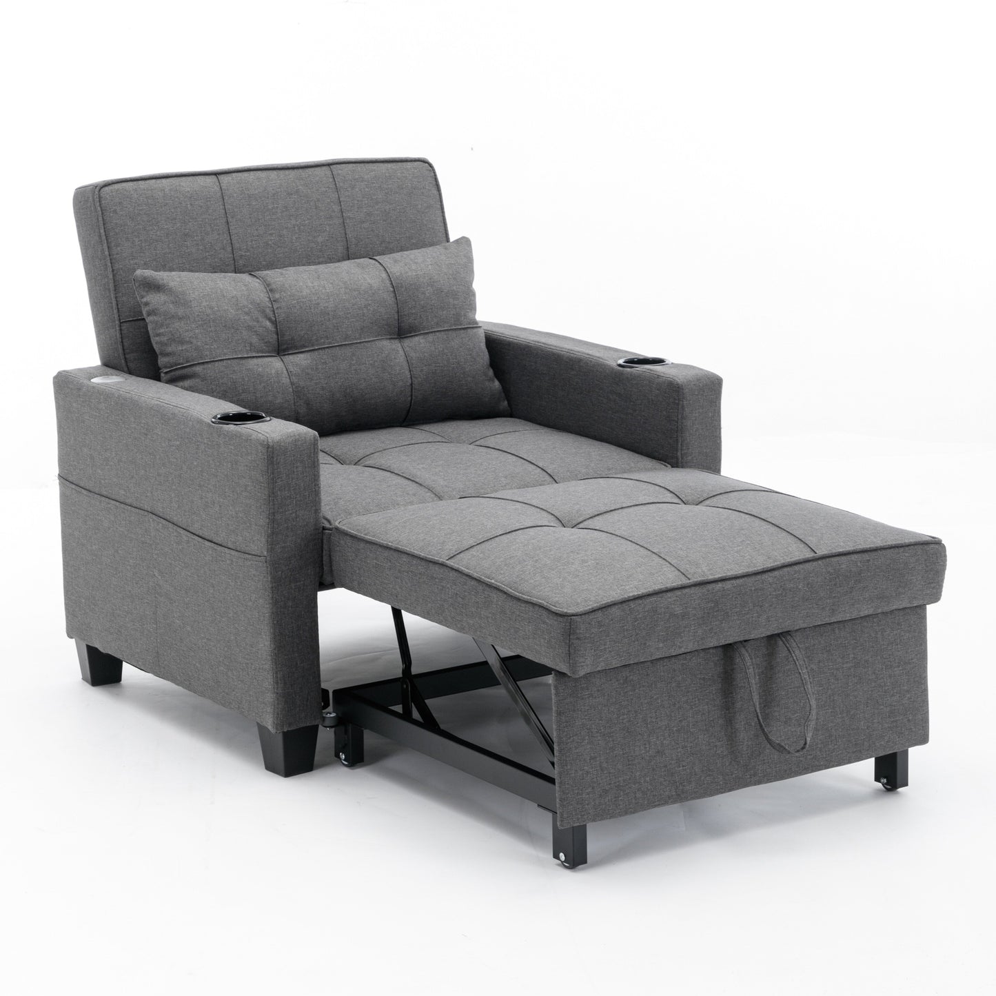 Divano letto singolo 3 in 1 convertibile in lino grigio scuro 68.12 con porte USB e resistente all'usura per il soggiorno