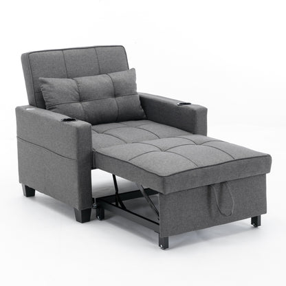 Divano letto singolo 3 in 1 convertibile in lino grigio scuro 68.12 con porte USB e resistente all'usura per il soggiorno